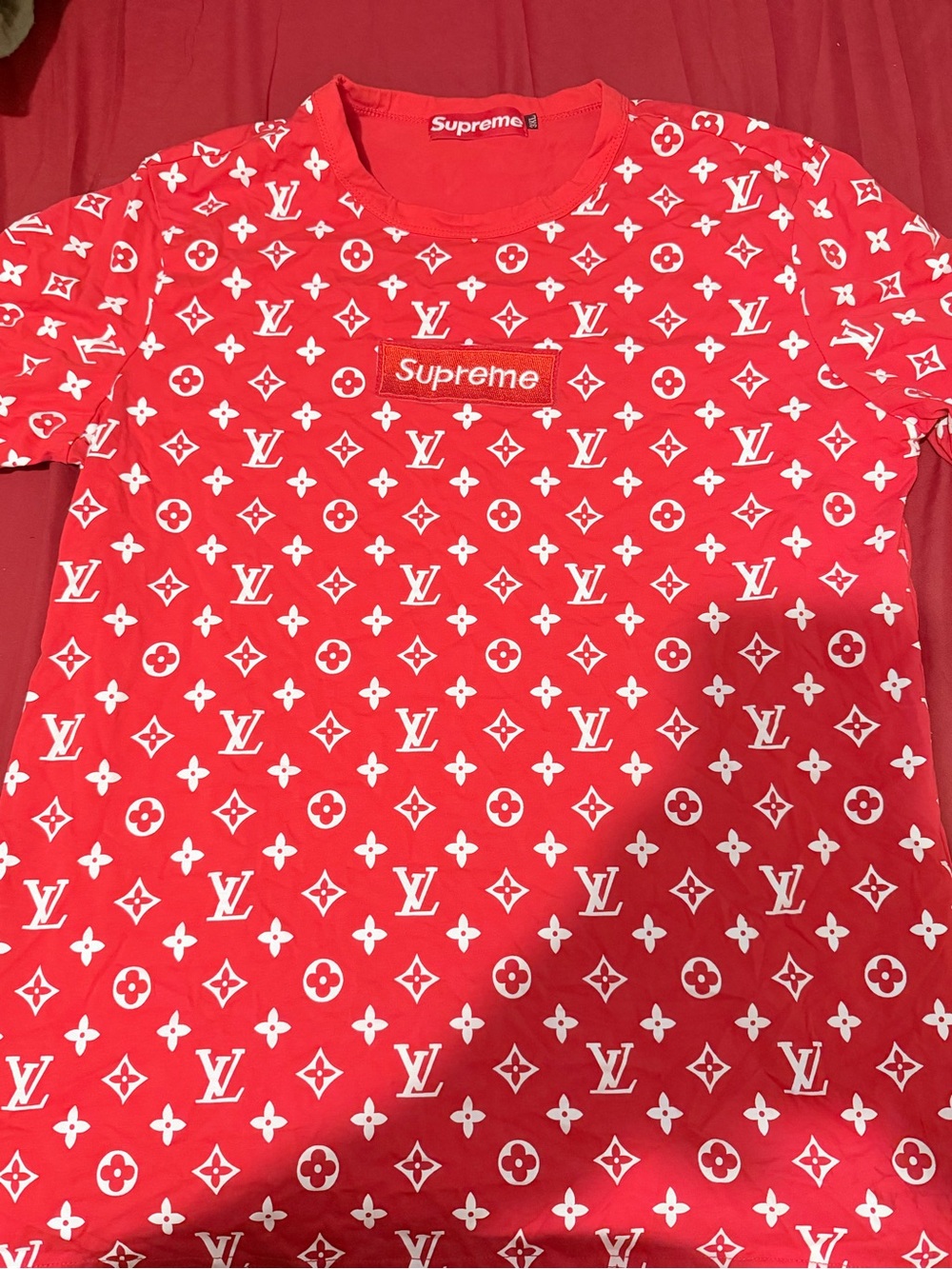 Supreme Red Short Sleeve Tee with White Monogram Allover